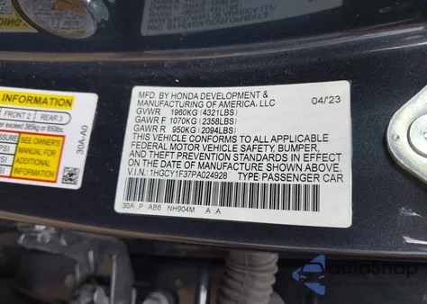 2023 Honda Accord Ex из США, поврежденный, VIN 1HGCY1F37PA024928